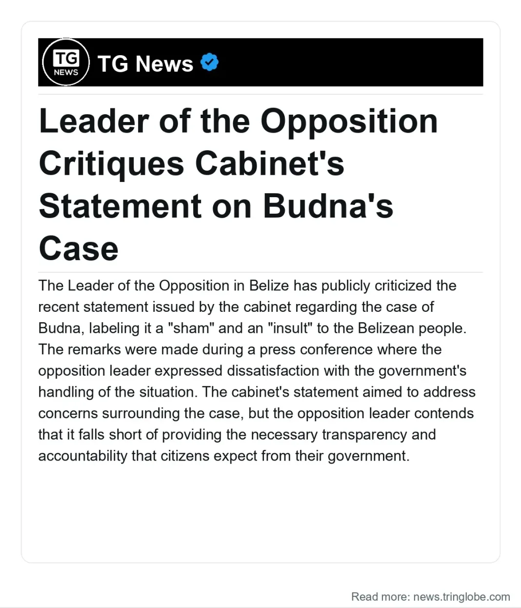 Belize: Leader of the Opposition Critiques Cabinet’s Statement on Budna’s Case