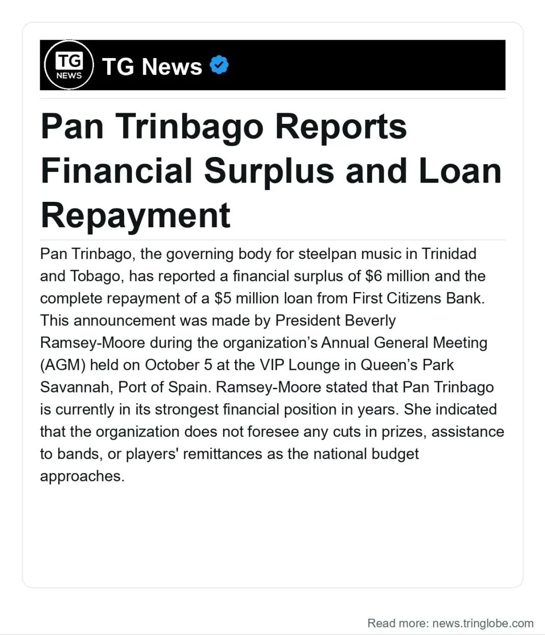 Trinidad and Tobago: Pan Trinbago Reports Financial Surplus and Loan Repayment