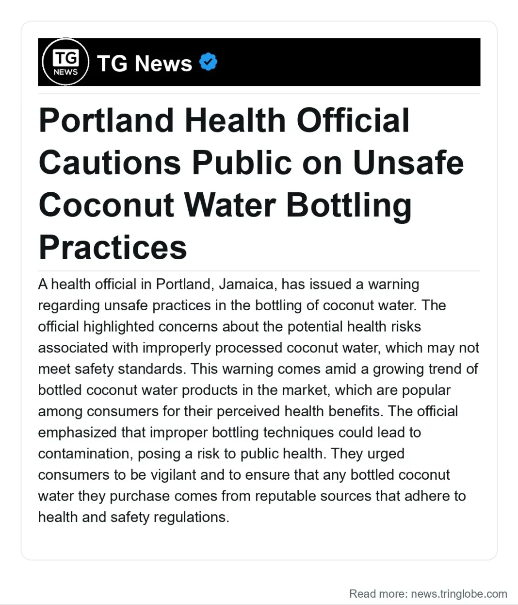 Jamaica: Portland Health Official Cautions Public on Unsafe Coconut Water Bottling Practices