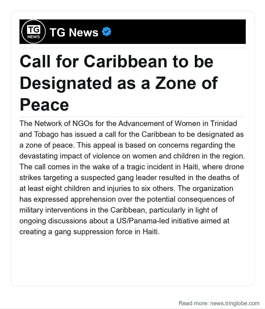 Trinidad and Tobago: Call for Caribbean to be Designated as a Zone of Peace