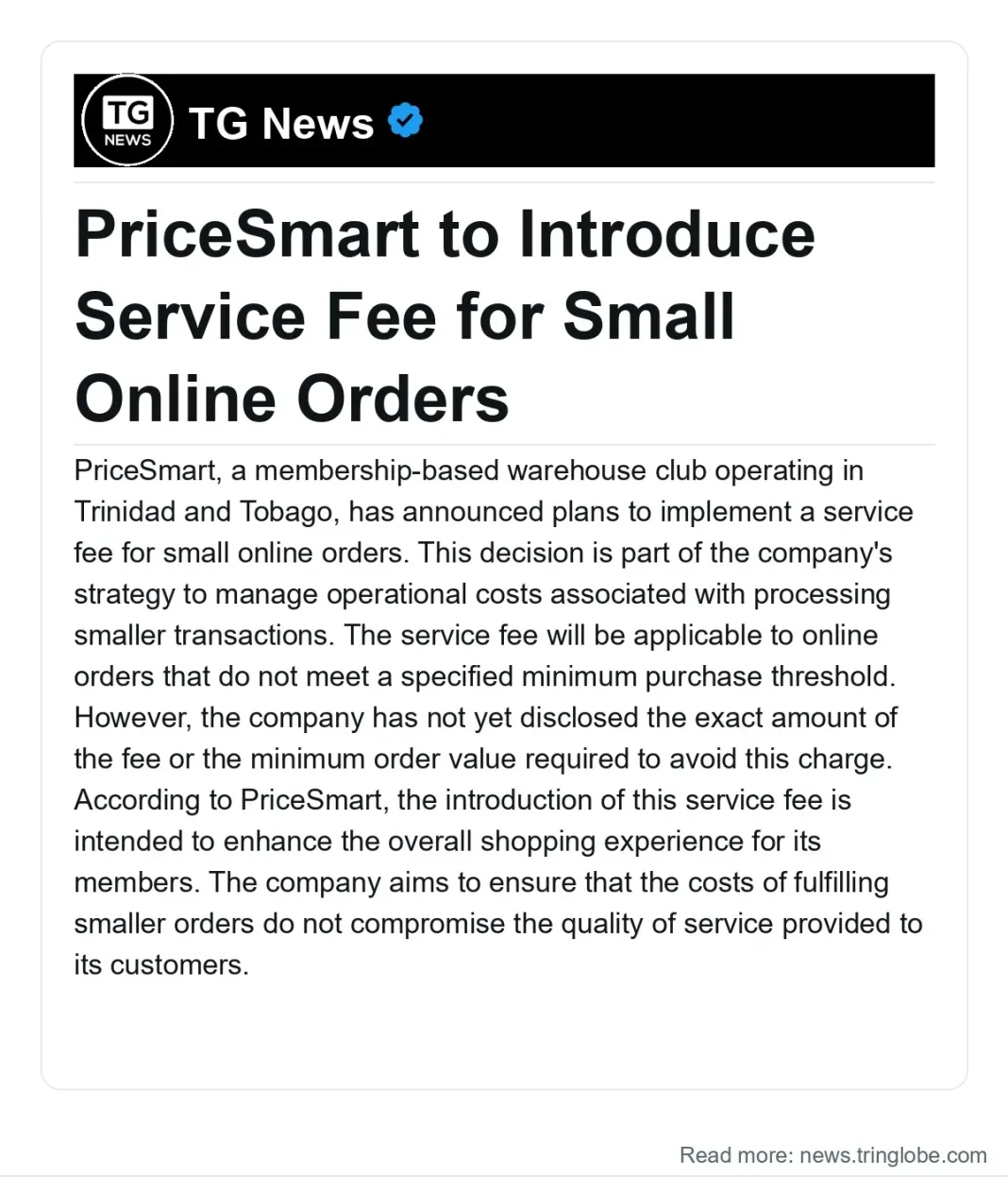 Trinidad and Tobago: PriceSmart to Introduce Service Fee for Small Online Orders
