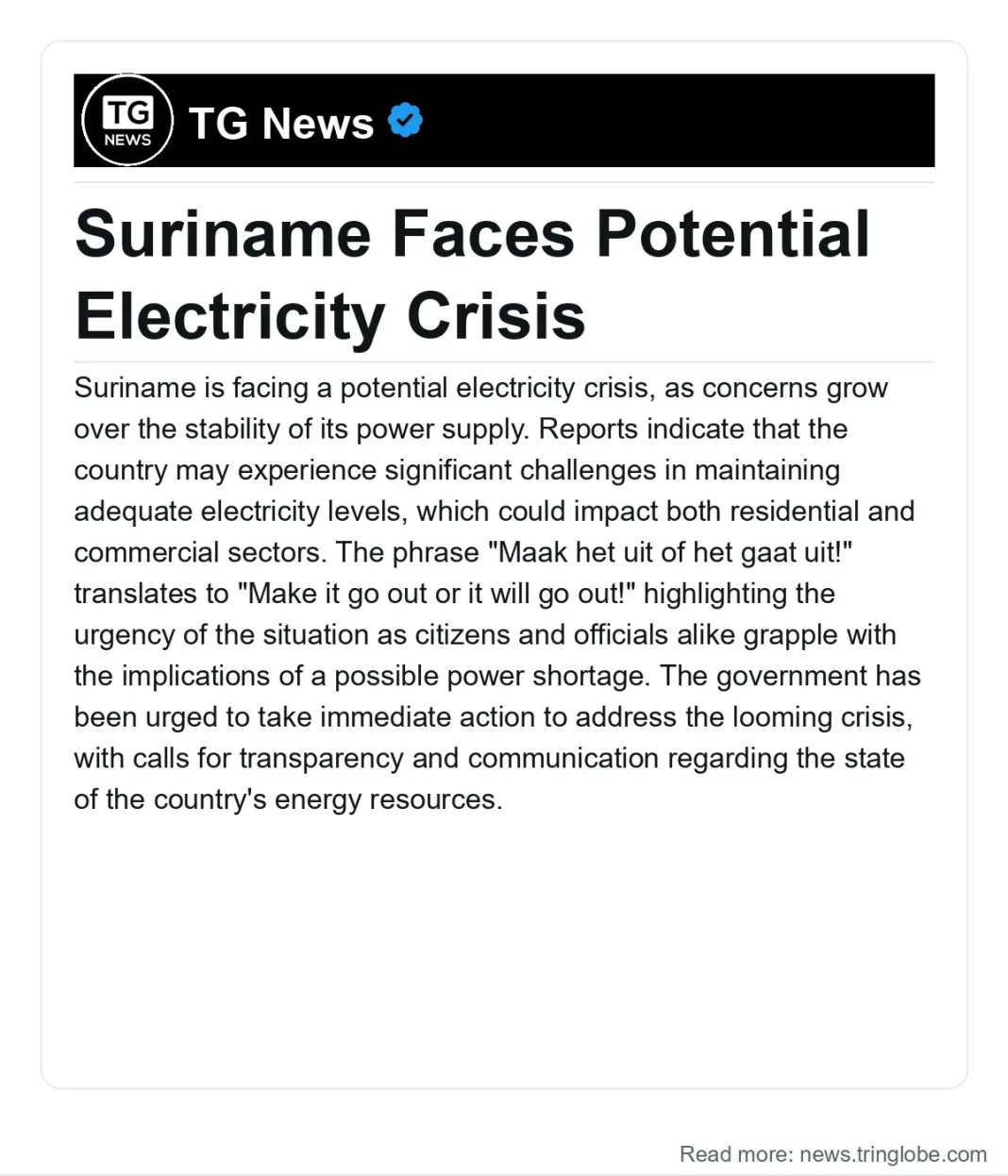 Suriname: Suriname Faces Potential Electricity Crisis