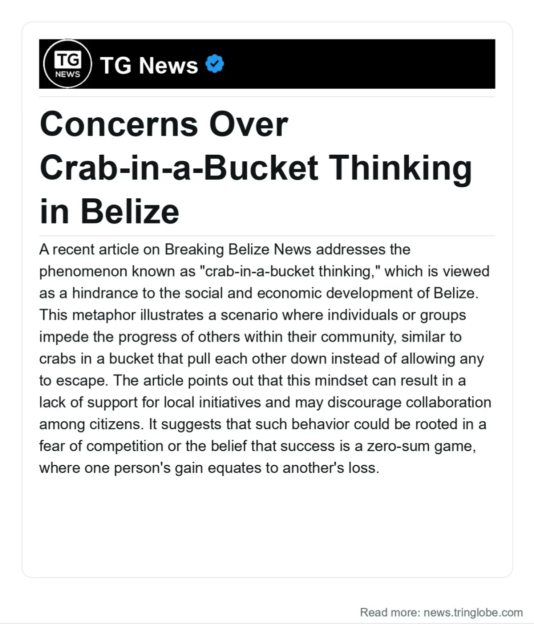 Belize: Concerns Over Crab-in-a-Bucket Thinking in Belize