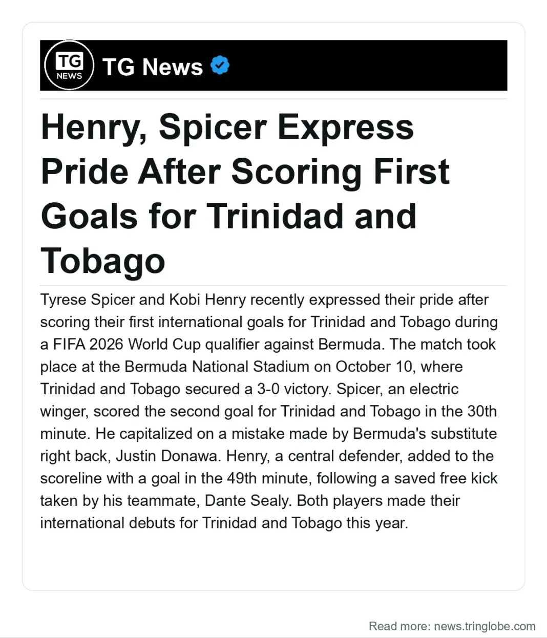 Trinidad and Tobago: Henry, Spicer Express Pride After Scoring First Goals for Trinidad and Tobago