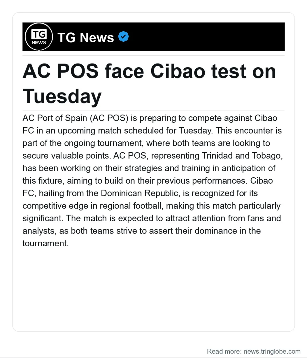 Trinidad and Tobago: AC POS face Cibao test on Tuesday