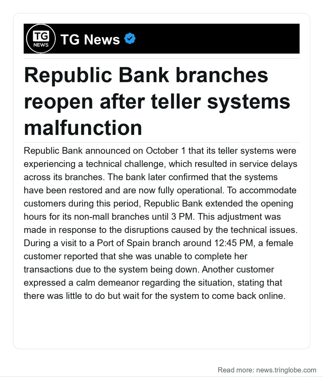 Trinidad and Tobago: Republic Bank branches reopen after teller systems malfunction