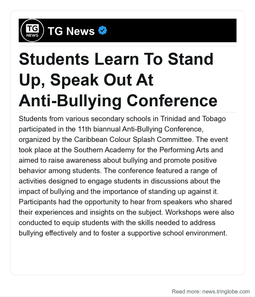 Trinidad and Tobago: Students Learn To Stand Up, Speak Out At Anti-Bullying Conference
