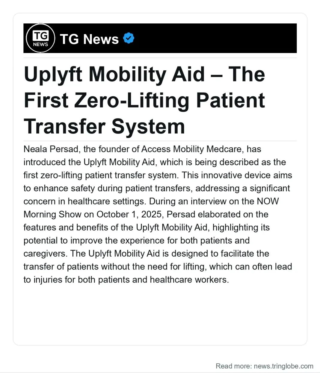 Trinidad and Tobago: Uplyft Mobility Aid – The First Zero-Lifting Patient Transfer System