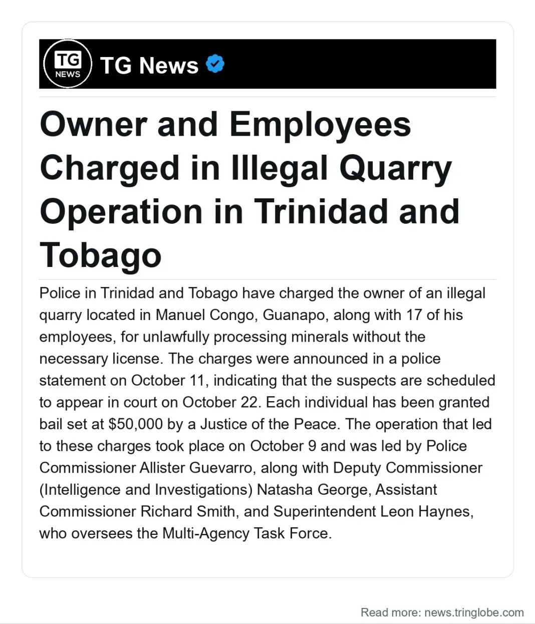 Trinidad and Tobago: Owner and Employees Charged in Illegal Quarry Operation in Trinidad and Tobago