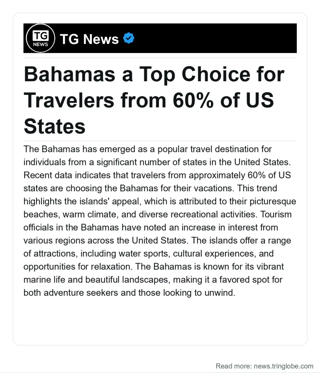 Bahamas: Bahamas a Top Choice for Travelers from 60% of US States
