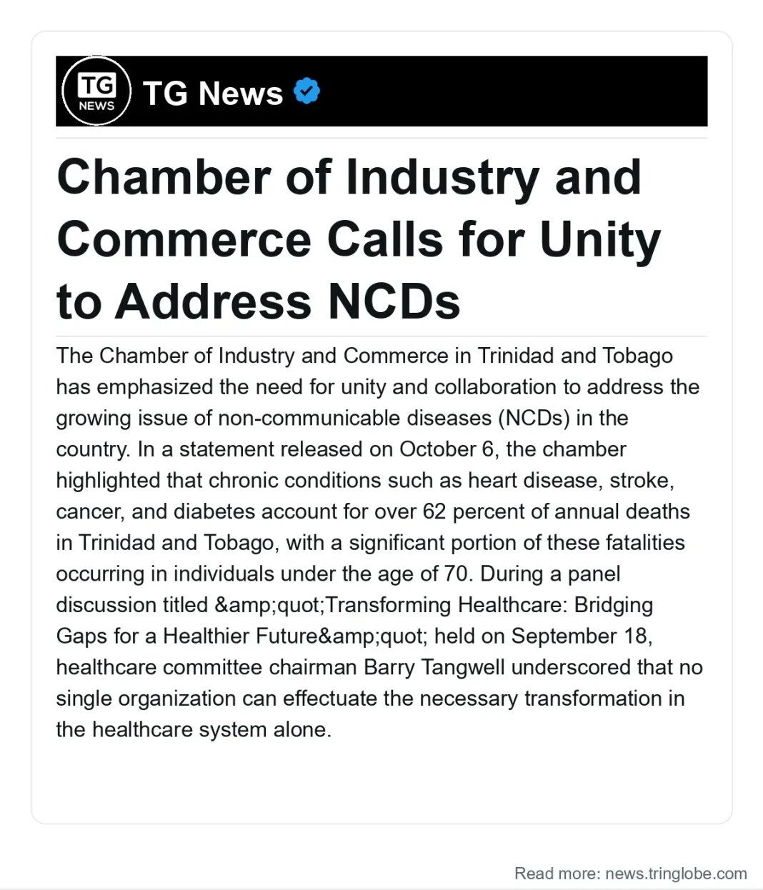 Trinidad and Tobago: Chamber of Industry and Commerce Calls for Unity to Address NCDs