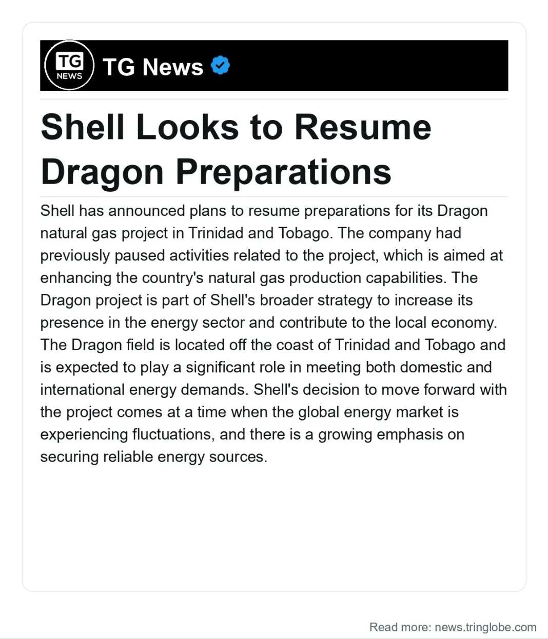 Trinidad and Tobago: Shell Looks to Resume Dragon Preparations