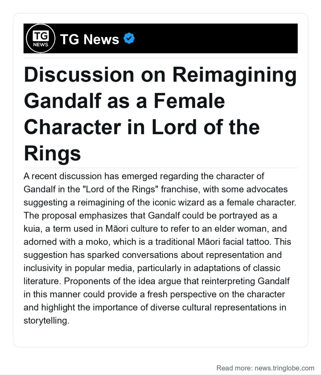 New Zealand: Discussion on Reimagining Gandalf as a Female Character in Lord of the Rings