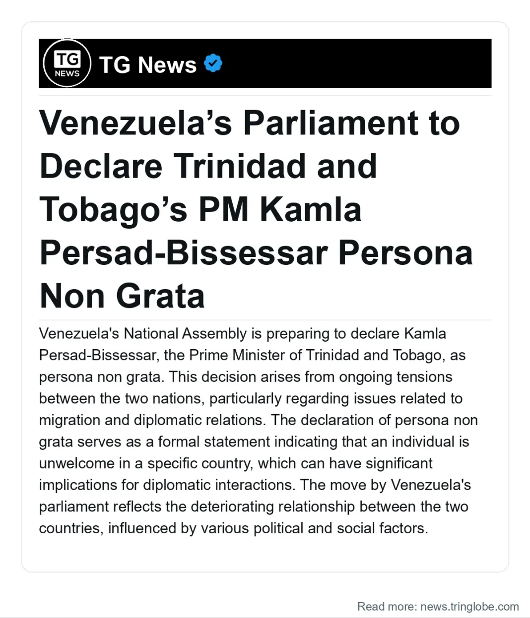 Trinidad and Tobago: Venezuela’s Parliament to Declare Trinidad and Tobago’s PM Kamla Persad-Bissessar Persona Non Grata