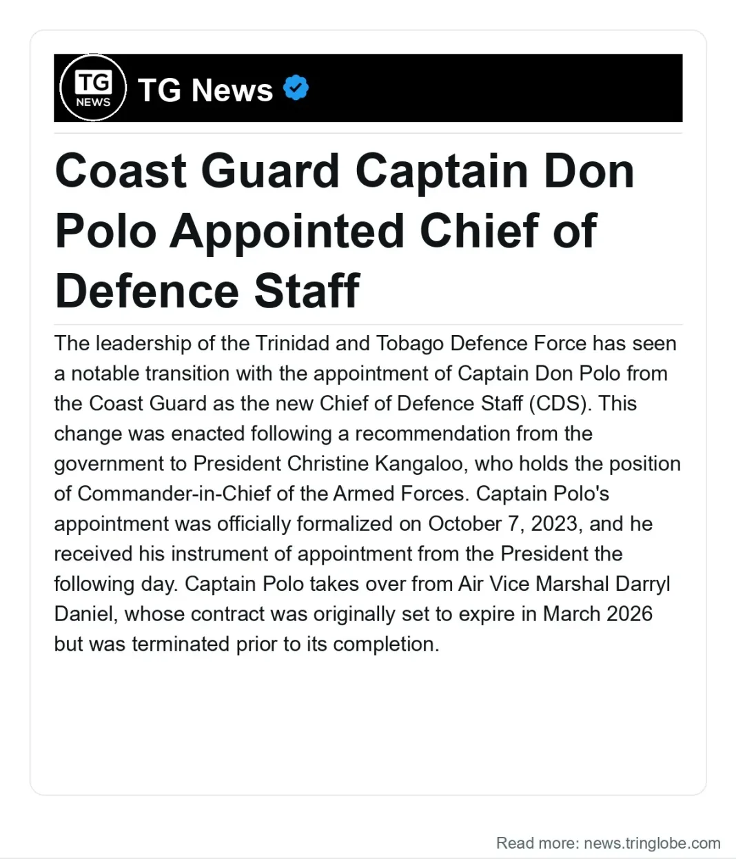 Trinidad and Tobago: Coast Guard Captain Don Polo Appointed Chief of Defence Staff