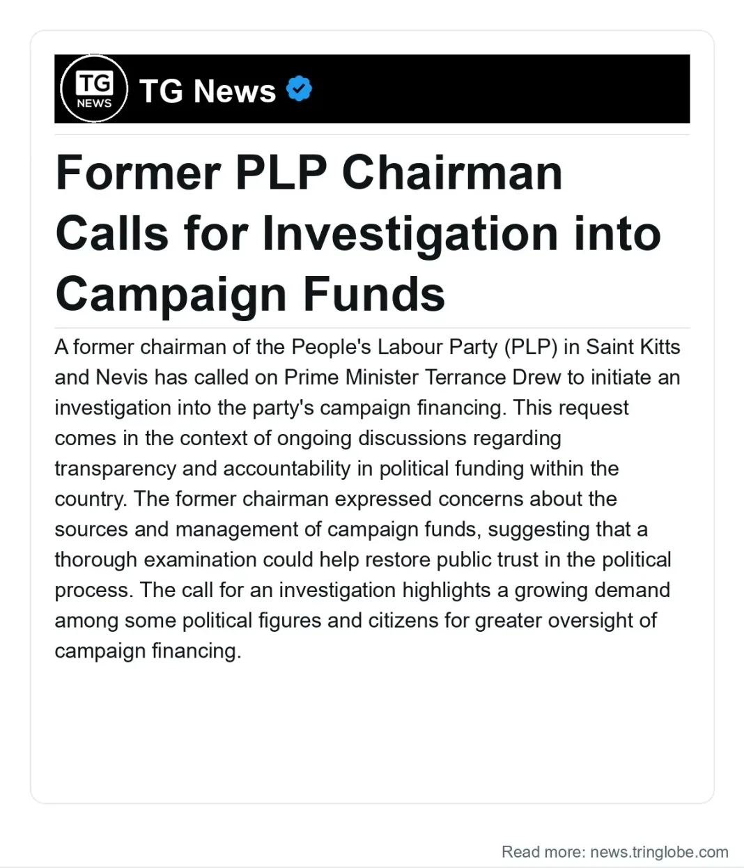 Saint Kitts and Nevis: Former PLP Chairman Calls for Investigation into Campaign Funds