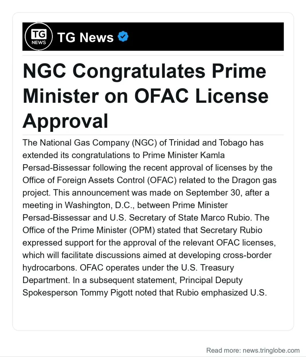 Trinidad and Tobago: NGC Congratulates Prime Minister on OFAC License Approval