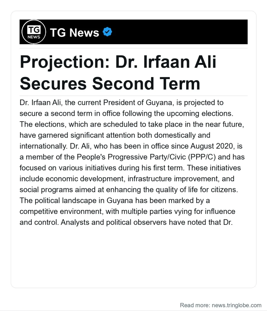 Guyana: Projection: Dr. Irfaan Ali Secures Second Term