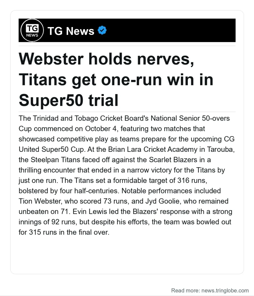 Trinidad and Tobago: Webster holds nerves, Titans get one-run win in Super50 trial