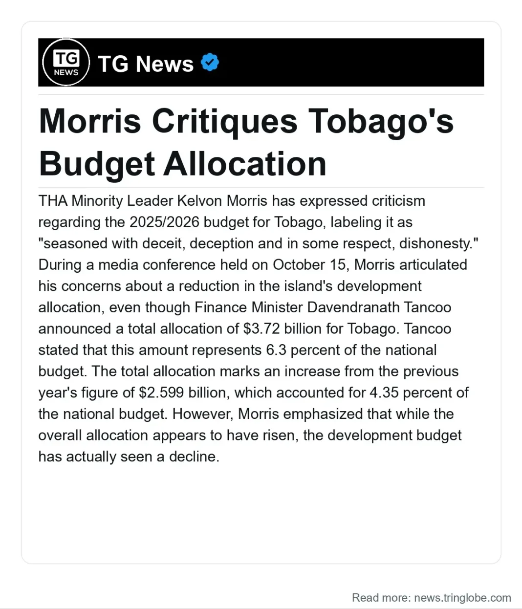 Trinidad and Tobago: Morris Critiques Tobago’s Budget Allocation