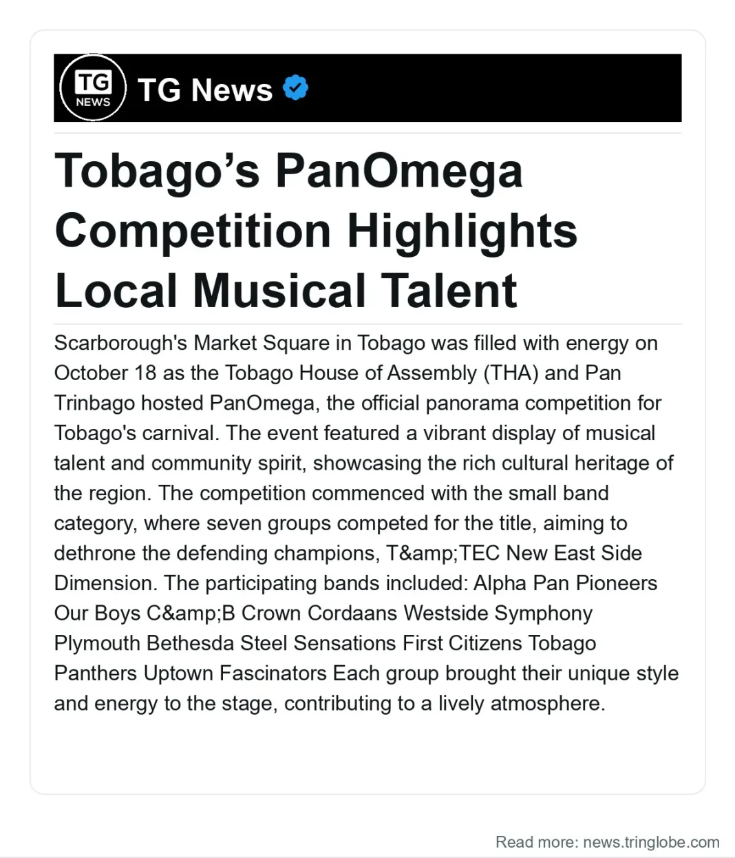 Trinidad and Tobago: Tobago’s PanOmega Competition Highlights Local Musical Talent