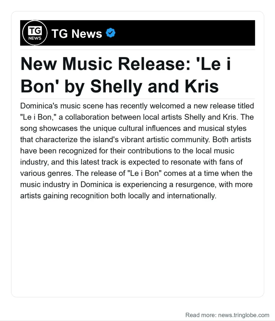 Dominica: New Music Release: ‘Le i Bon’ by Shelly and Kris