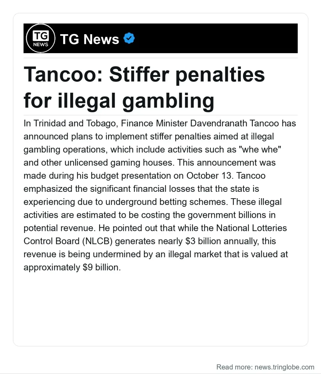 Trinidad and Tobago: Tancoo: Stiffer penalties for illegal gambling