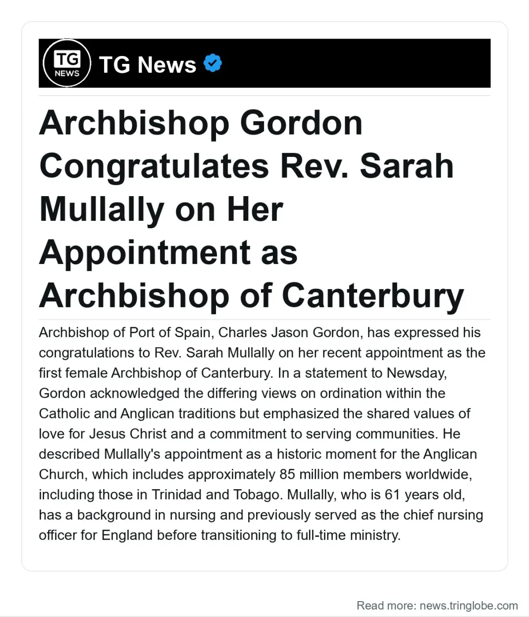 Trinidad and Tobago: Archbishop Gordon Congratulates Rev. Sarah Mullally on Her Appointment as Archbishop of Canterbury