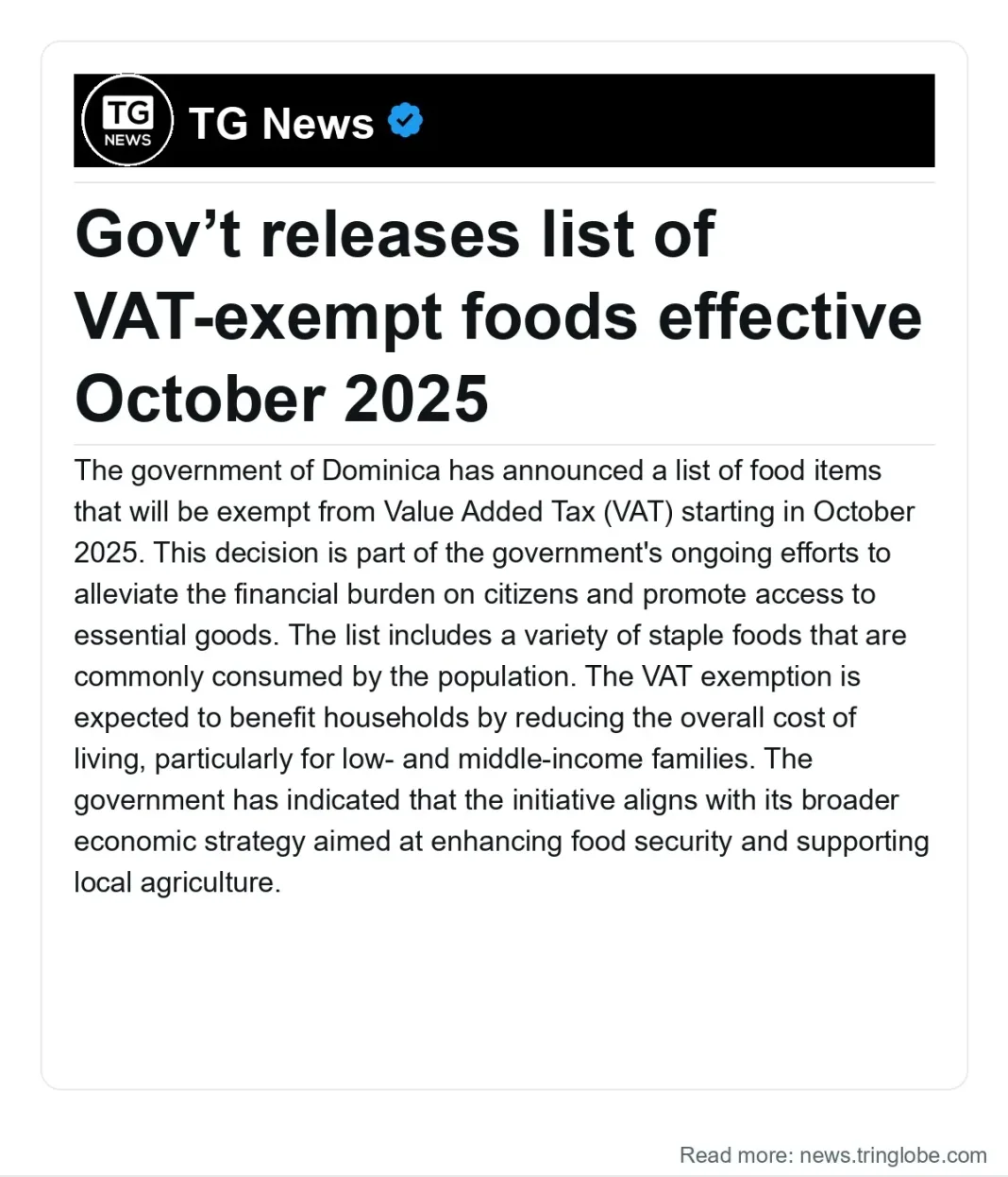 Dominica: Gov’t releases list of VAT-exempt foods effective October 2025