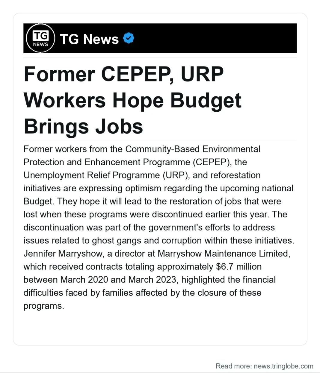 Trinidad and Tobago: Former CEPEP, URP Workers Hope Budget Brings Jobs