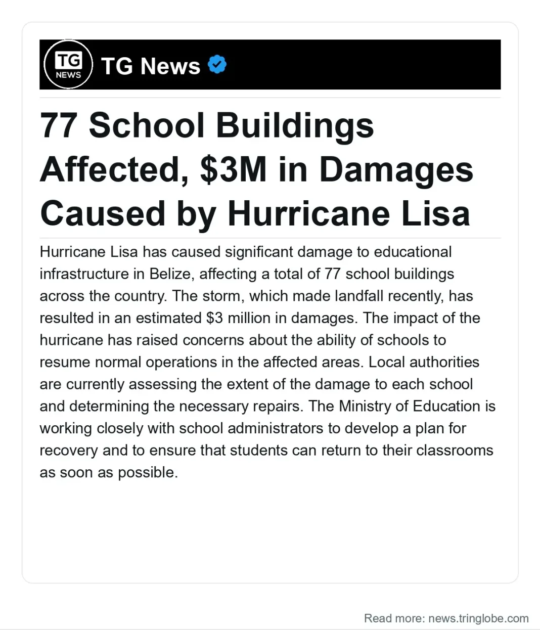 Belize: 77 School Buildings Affected, $3M in Damages Caused by Hurricane Lisa