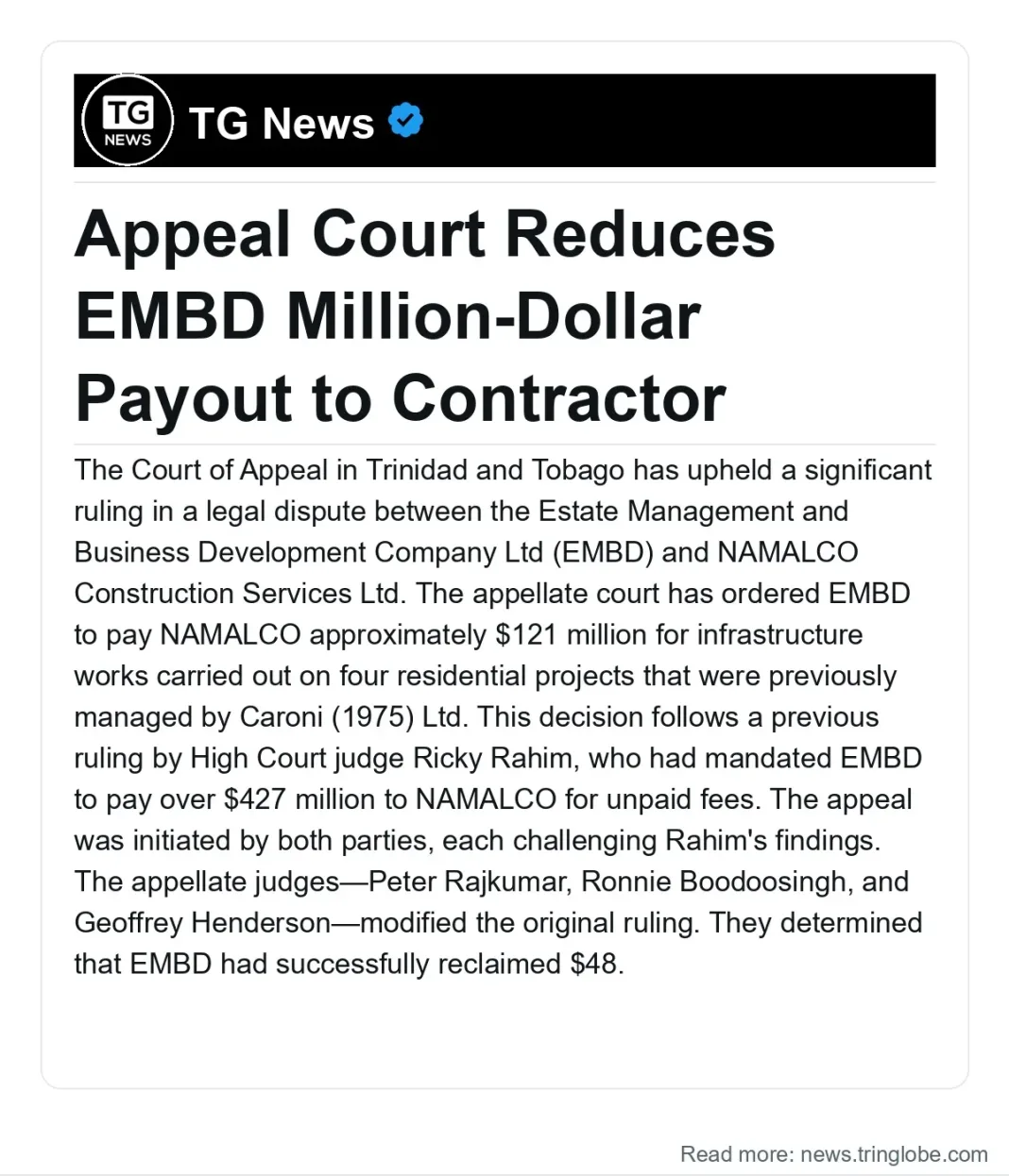 Trinidad and Tobago: Appeal Court Reduces EMBD Million-Dollar Payout to Contractor
