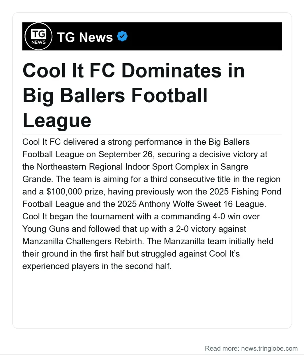 Trinidad and Tobago: Cool It FC Dominates in Big Ballers Football League