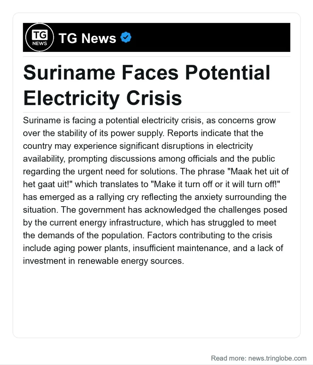 Suriname: Suriname Faces Potential Electricity Crisis