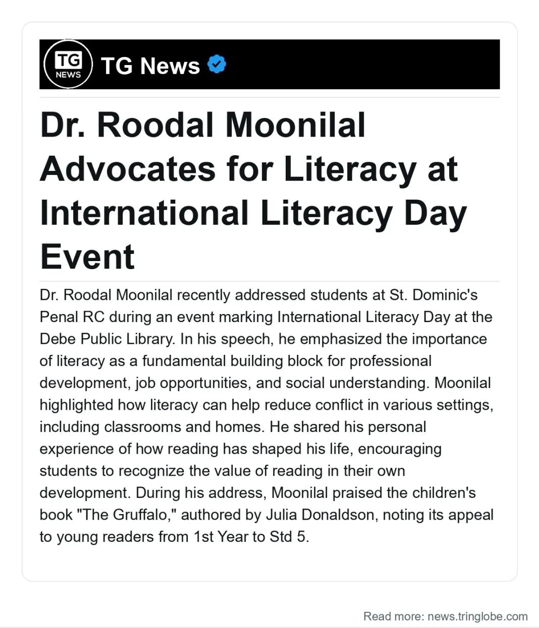 Trinidad and Tobago: Dr. Roodal Moonilal Advocates for Literacy at International Literacy Day Event
