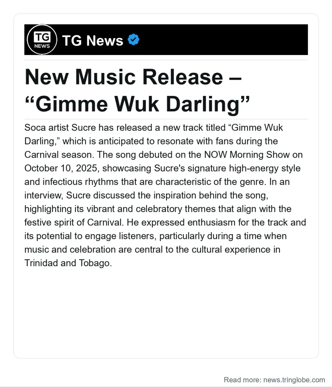 Trinidad and Tobago: New Music Release – “Gimme Wuk Darling”