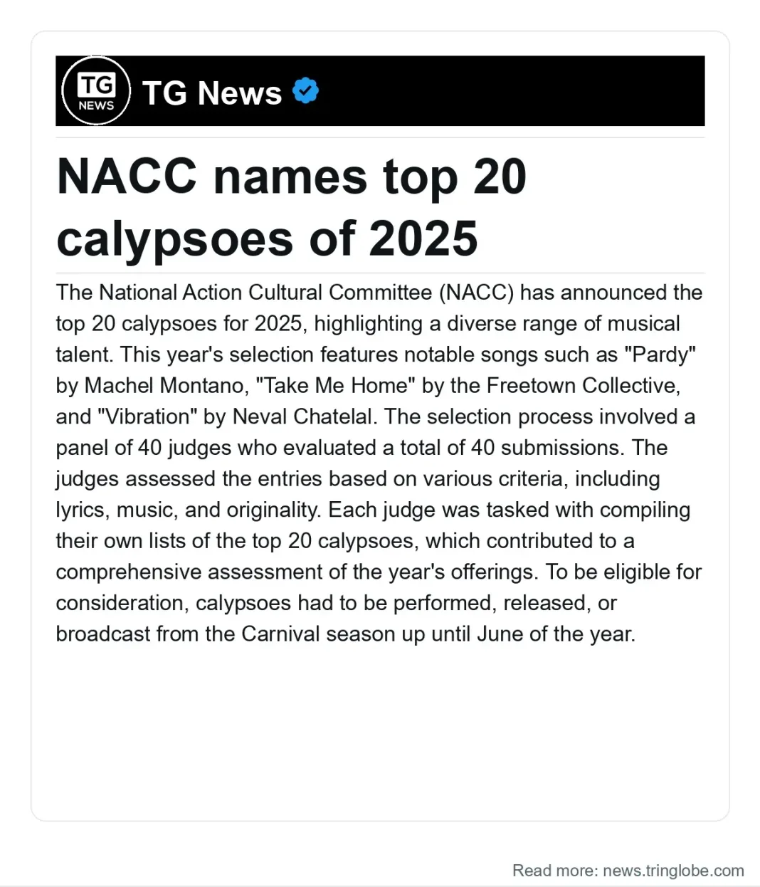 Trinidad and Tobago: NACC names top 20 calypsoes of 2025