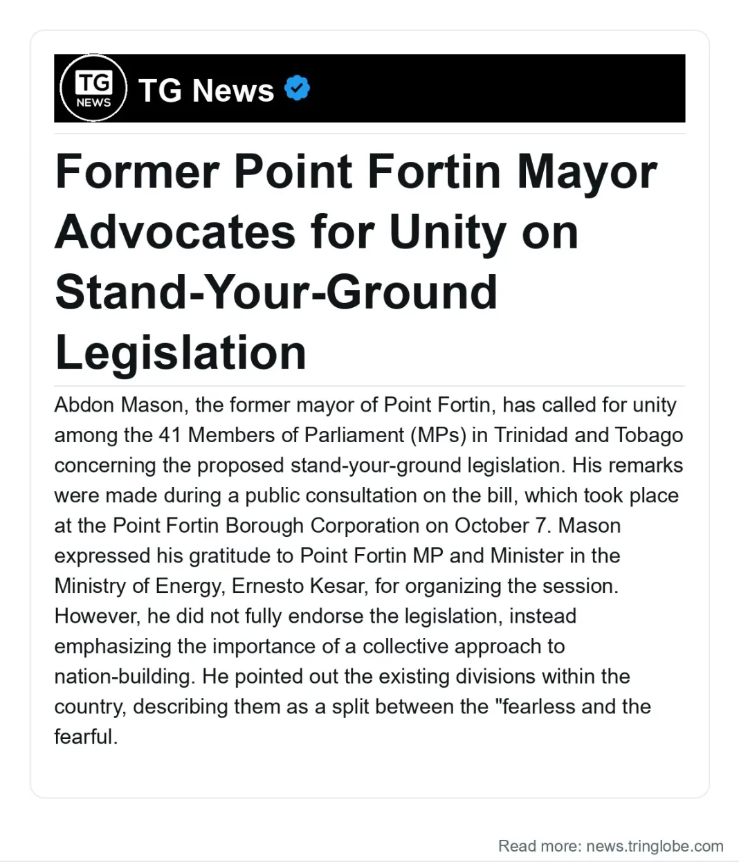 Trinidad and Tobago: Former Point Fortin Mayor Advocates for Unity on Stand-Your-Ground Legislation