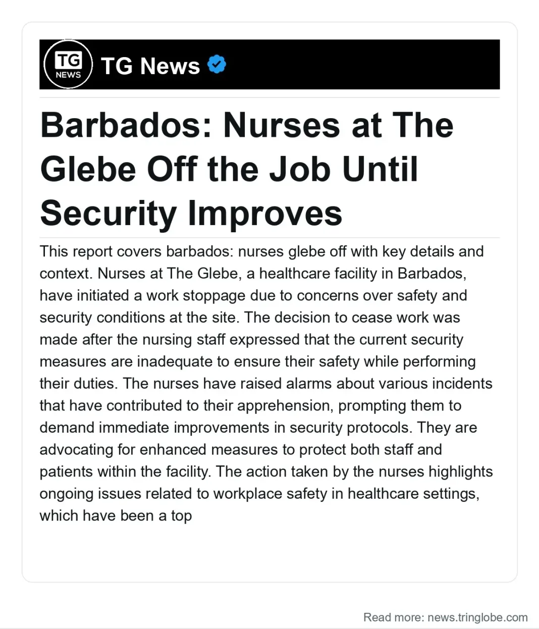 Barbados: Nurses at The Glebe Off the Job Until Security Improves