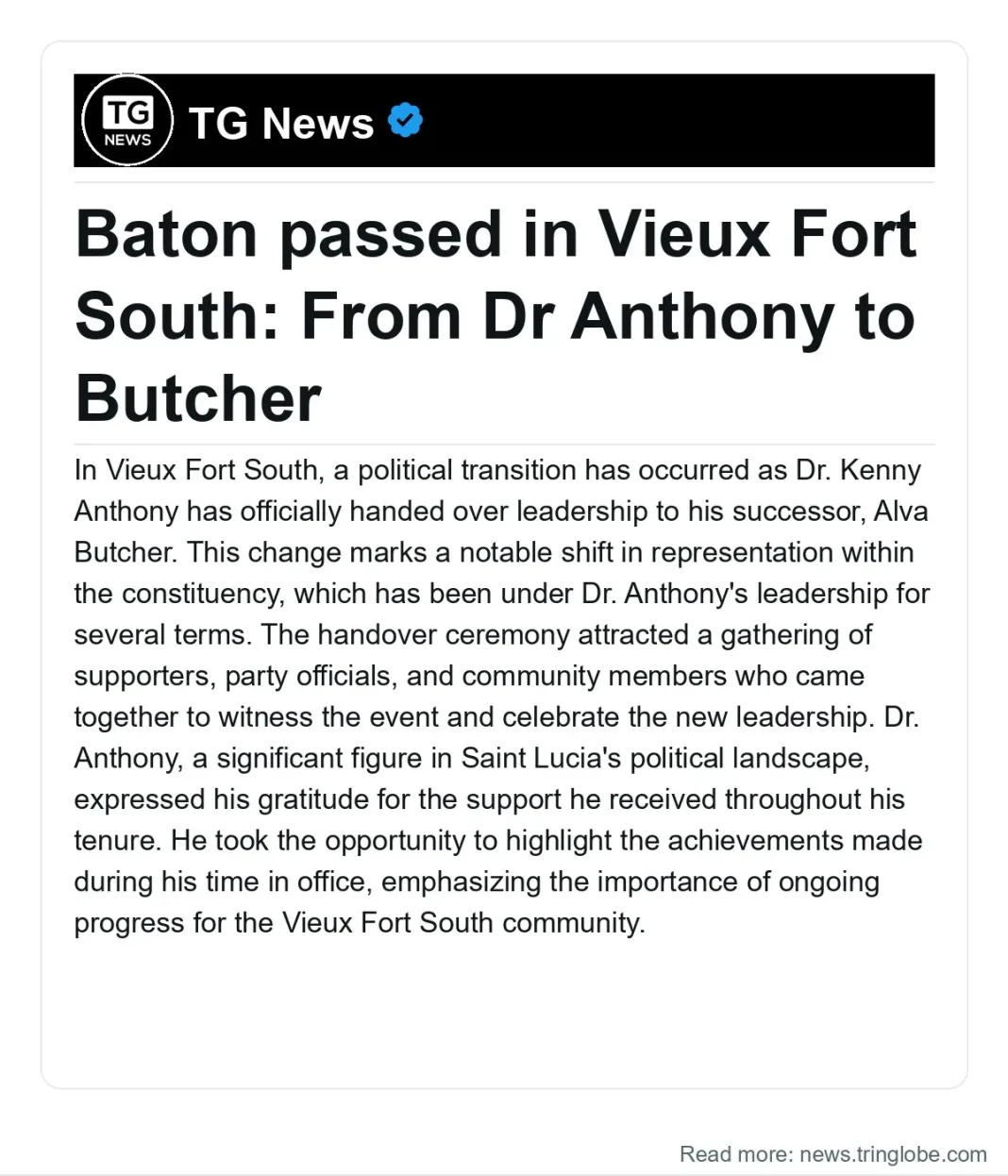 Saint Lucia: Baton passed in Vieux Fort South: From Dr Anthony to Butcher