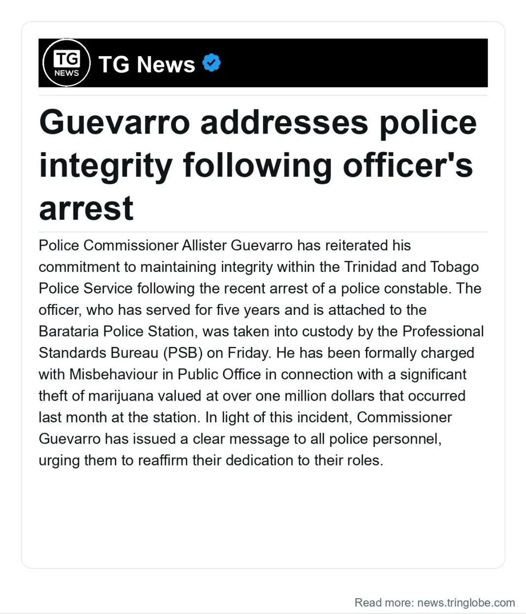 Trinidad and Tobago: Guevarro addresses police integrity following officer’s arrest