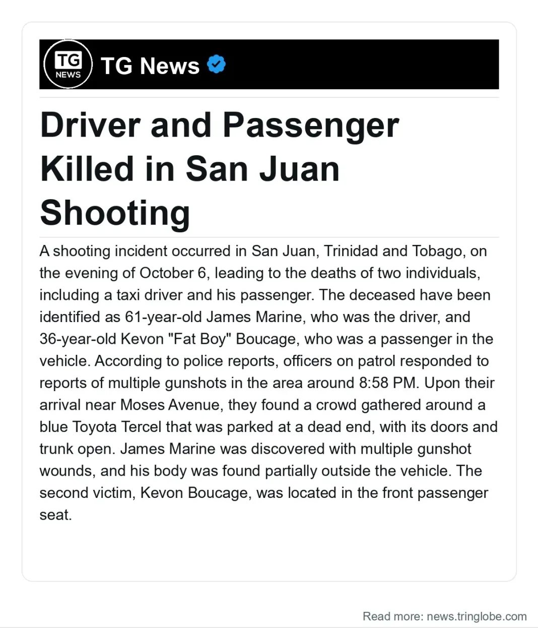 Trinidad and Tobago: Driver and Passenger Killed in San Juan Shooting