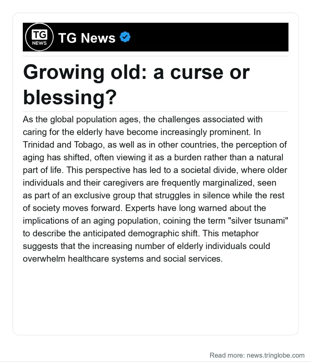 Trinidad and Tobago: Growing old: a curse or blessing?