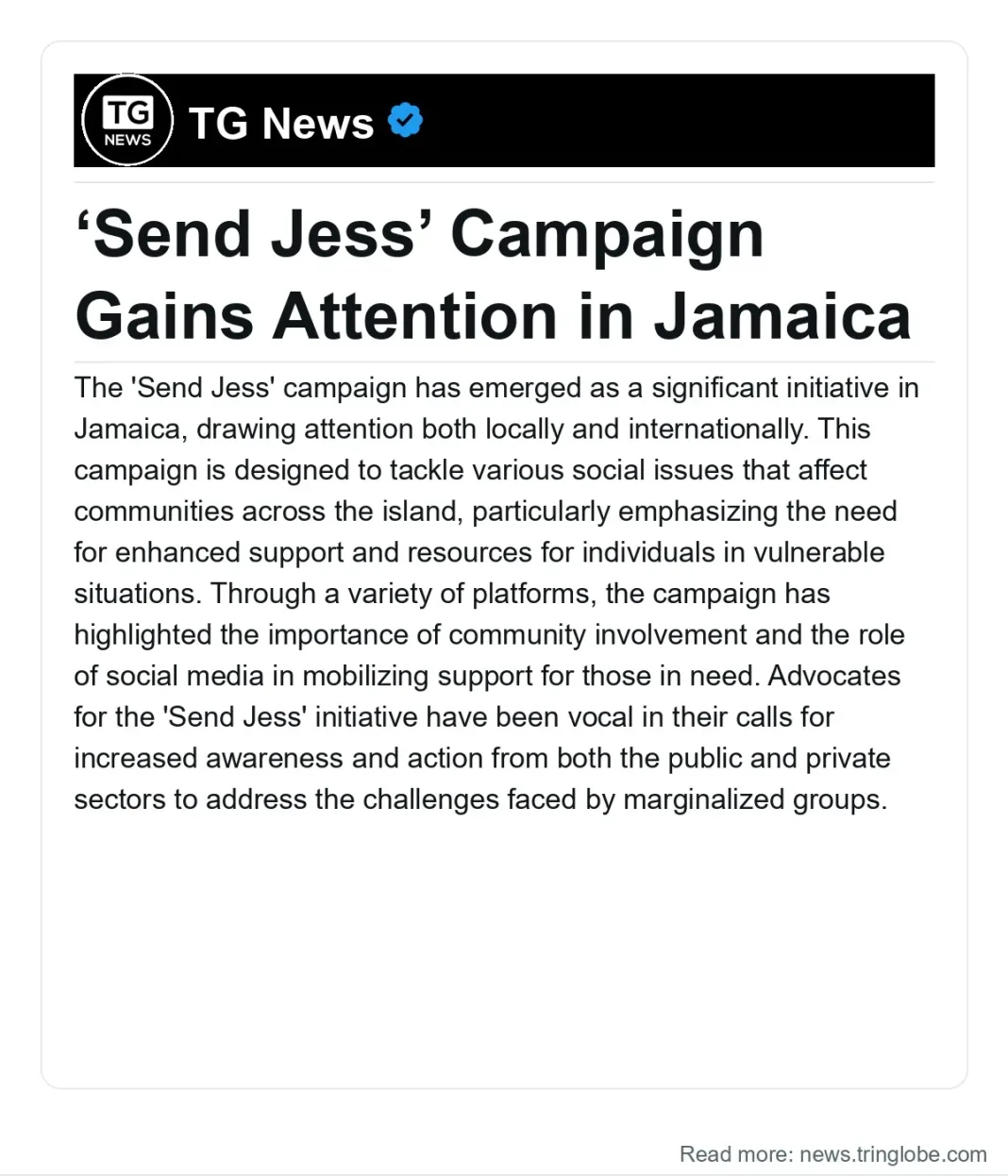 Jamaica: ‘Send Jess’ Campaign Gains Attention in Jamaica
