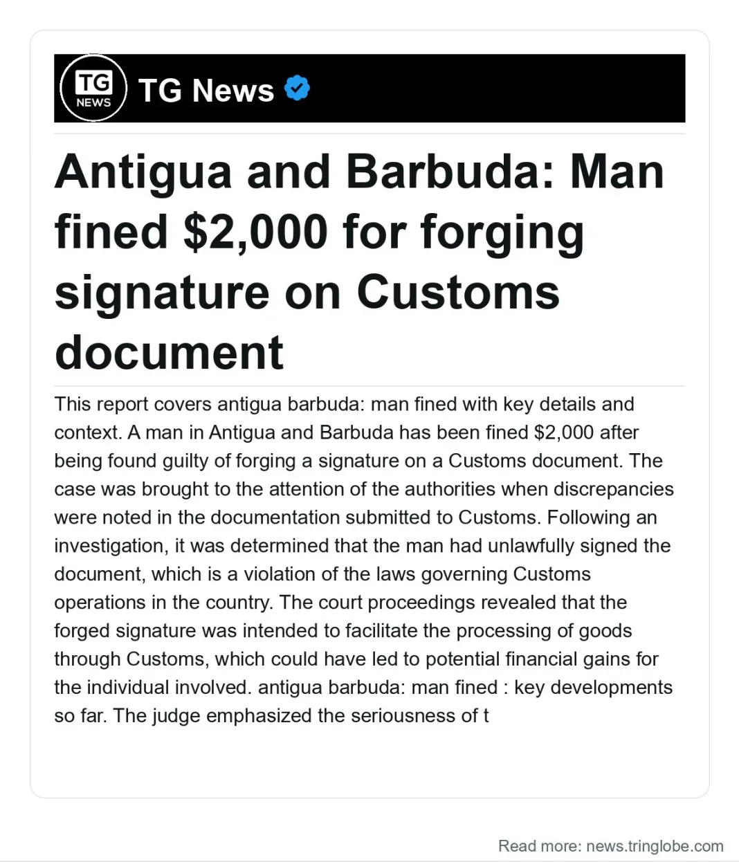 Antigua and Barbuda: Man fined $2,000 for forging signature on Customs document