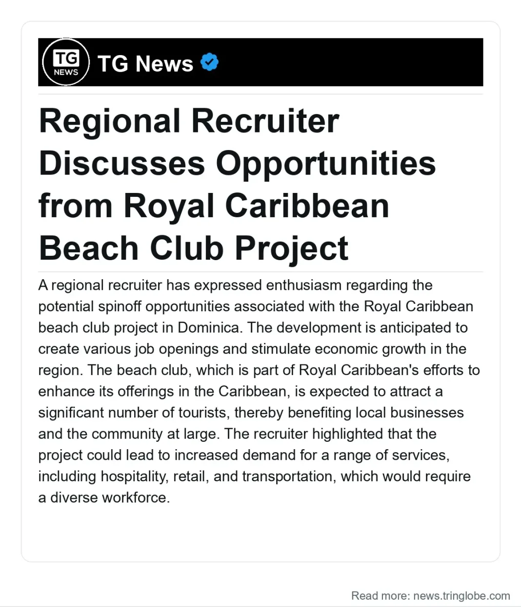 Dominica: Regional Recruiter Discusses Opportunities from Royal Caribbean Beach Club Project