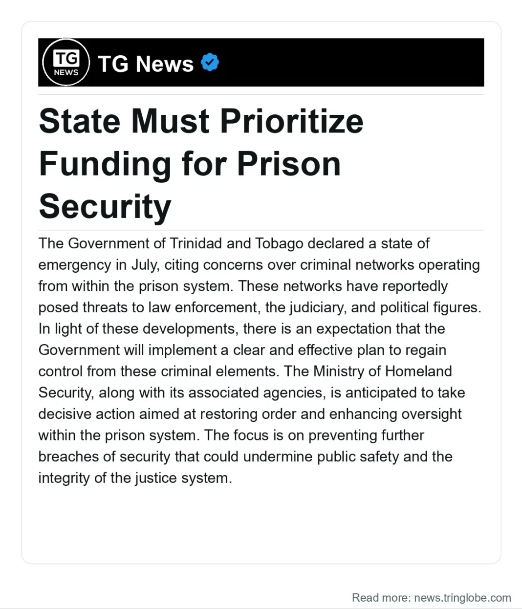 Trinidad and Tobago: State Must Prioritize Funding for Prison Security