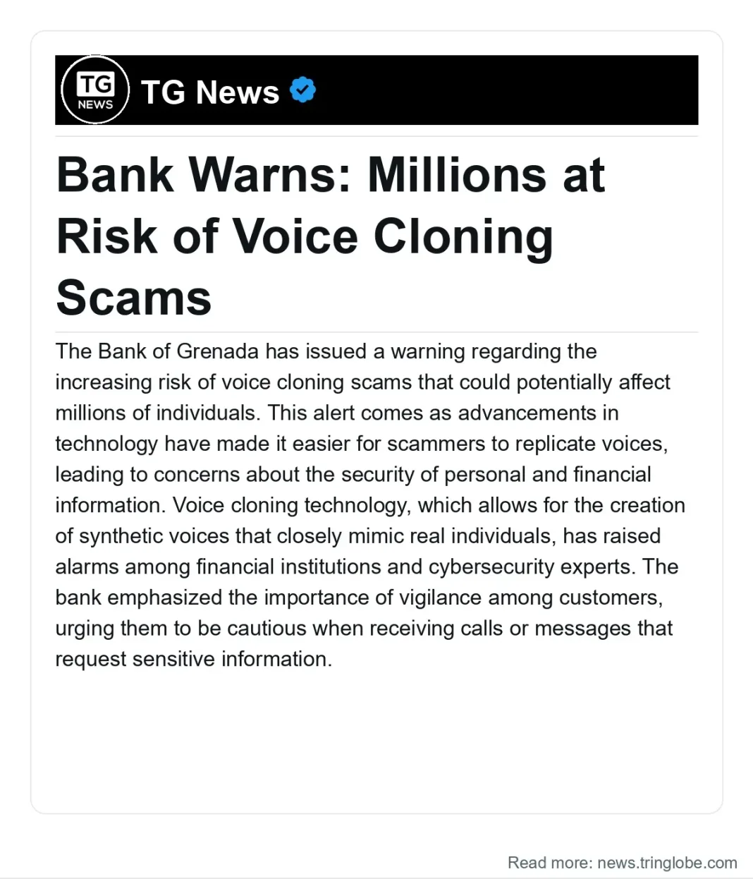 Grenada: Bank Warns: Millions at Risk of Voice Cloning Scams