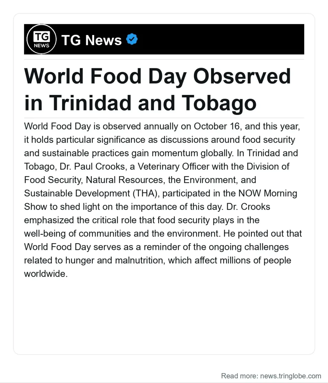 Trinidad and Tobago: World Food Day Observed in Trinidad and Tobago