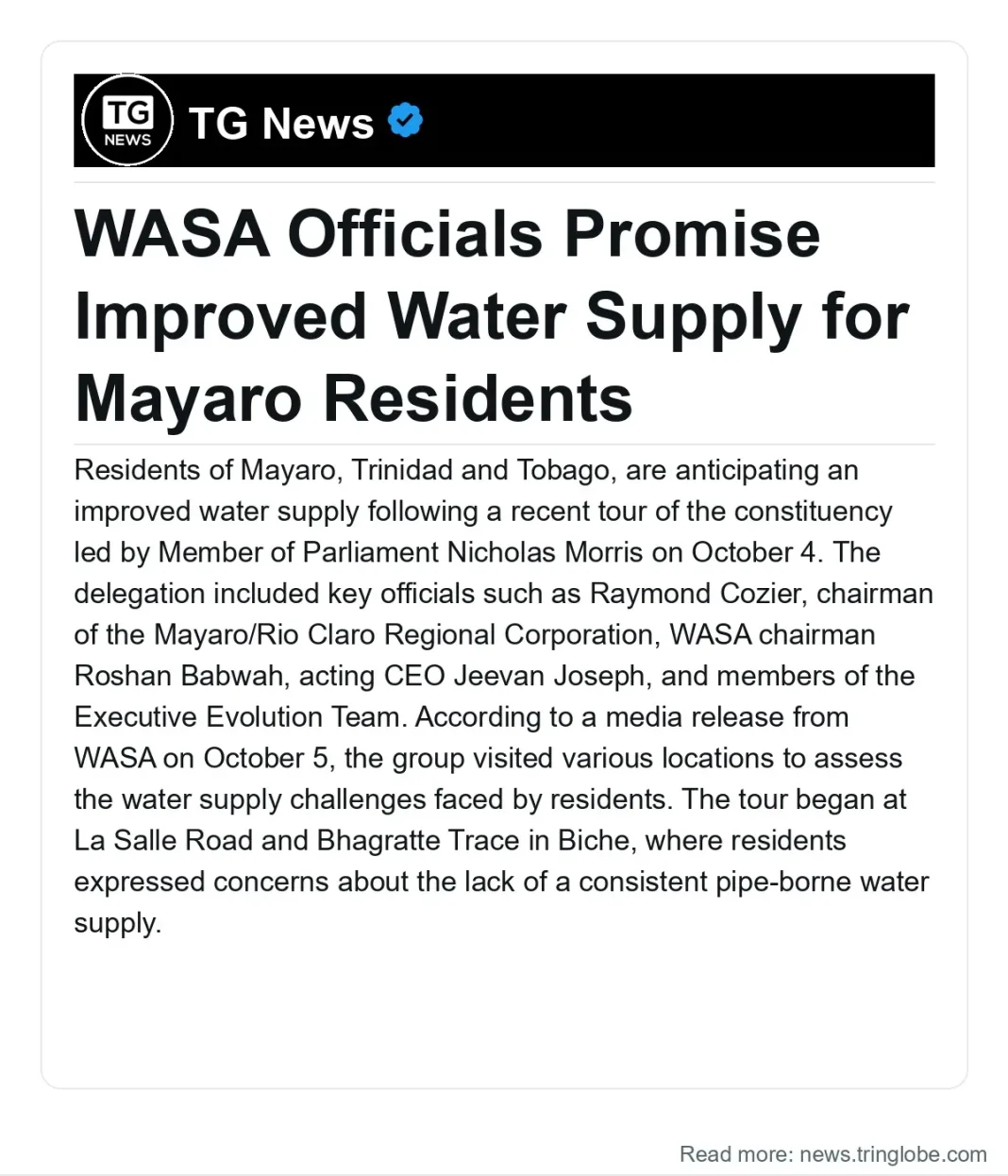 Trinidad and Tobago: WASA Officials Promise Improved Water Supply for Mayaro Residents